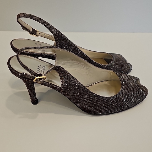Stuart Weitzman Shimmering Gold Silver Peep-Toe Heels - Picture 11 of 12
